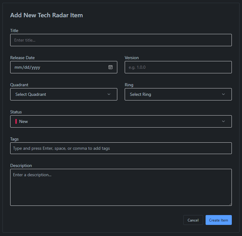 Add New Tech Radar Item Form
